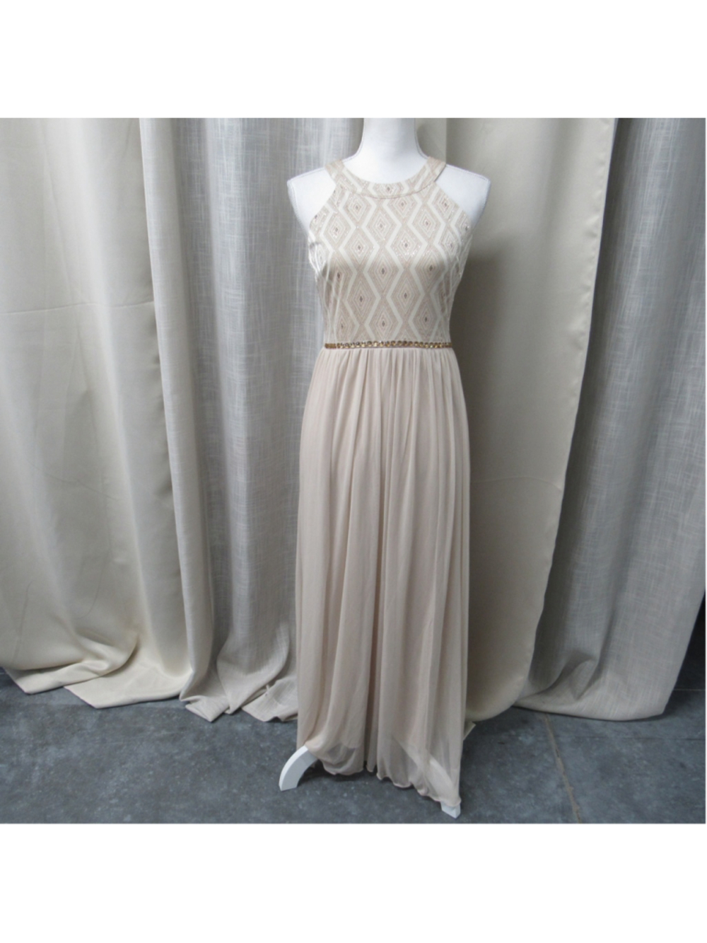 Enfocus Studio Geometric Beaded Halter Neck Chiffon Maxi Gown Formal Dress 6